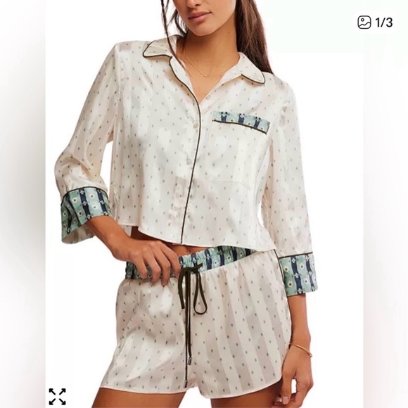 Free People Other - Free People Cream Satin Short Pajama Set with Blue-Green Printed Trim